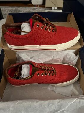 Polo by Ralph Lauren Red burlap Low-Top Sneakers with Brown Trim